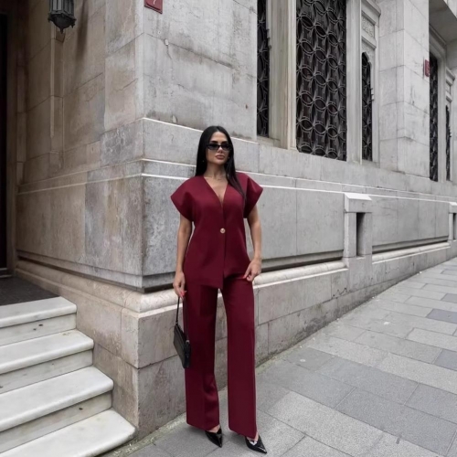 Women's 2 Piece Suit Set Sleeveless V Neck Asymmetrical Vest Top And High Waist Wide Leg Pants Set Solid Color Elegant Work Office Outfits