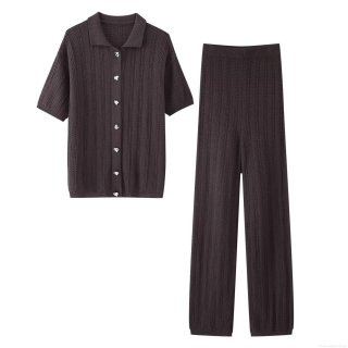 Women's Textured Knit Two Piece Set Polo Neck Short Sleeve Button Down Top and High Waist Straight Leg Pants Solid Color Casual Outfits Streetwear