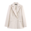 Women Elegant Two Piece Suit Set Double Breasted Long Sleeve Blazer And High Waist Wide Leg Pants Office Lady Professional Workwear Solid Beige