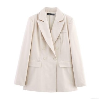 Women Elegant Two Piece Suit Set Double Breasted Long Sleeve Blazer And High Waist Wide Leg Pants Office Lady Professional Workwear Solid Beige