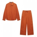 Women's Casual Cotton Linen Two Piece Set Long Sleeve Lapel Button Down Shirt and Drawstring High Waist Wide Leg Pants Loose Lounge Tracksuit Outfit