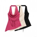 Women's Halter Neck Asymmetric Top and High Waist Wide Leg Pleated Pants Set Polyester Crinkle Texture Outfits Streetwear Women Casual Vacation Summer