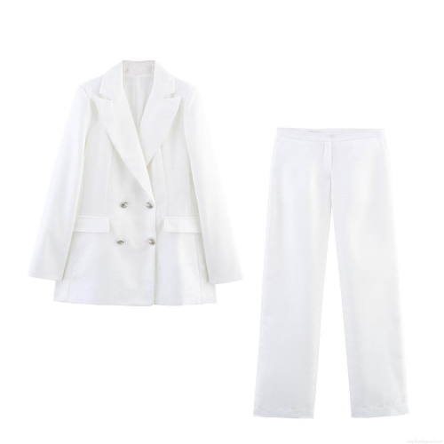 Women's Elegant Two Piece Blazer Pants Set Double Breasted Jacquard Jacket With High Waist Straight Leg Trousers Professional Office Streetwear Solid Color White Set