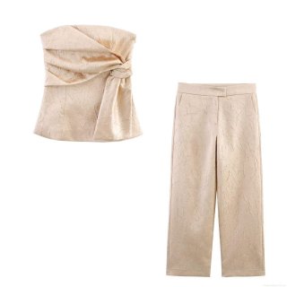 Women Elegant Champagne Gold Crinkled Metallic Tube Top And Wide Leg Pants Set Sexy Corset Backless Party Evening Club Outfits For Ladies