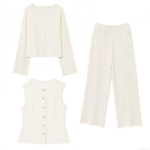 Women's 3 Piece Textured Knit Set Open Front Cardigan Sleeveless Vest And Wide Leg Pants Solid Cream Casual Loungewear Outfit