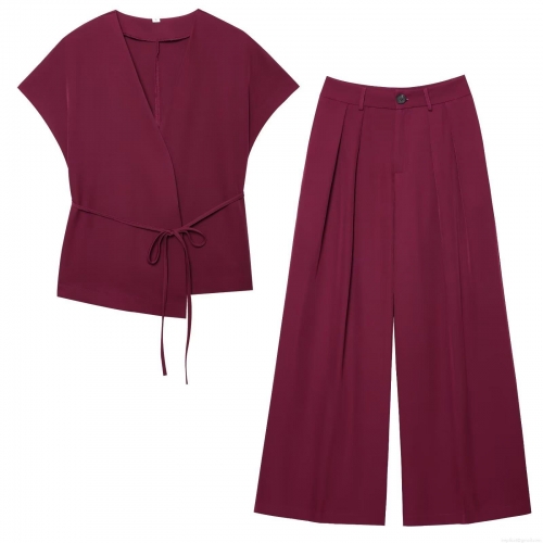 Women's Elegant Polyester Two Piece Set V-Neck Tie-Front Sleeveless Top And High Waist Wide Leg Pants Solid Color Casual Streetwear Outfit For Daily Commute