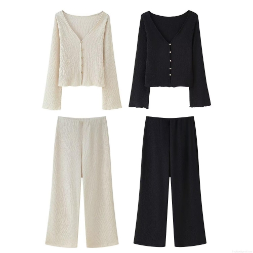 Women's Textured Two-Piece Set V-Neck Long Sleeve Cardigan With Wide Leg Pants Loose Casual Streetwear Outfits For Women Spring Autumn Outfits