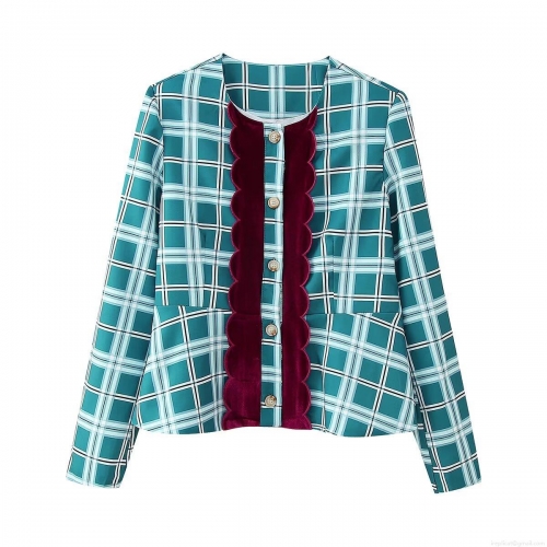 Women Checkered Plaid Pants Suit Set 100% Polyester Woven Velvet Wavy Trim Peplum Jacket And High Waist Wide Leg Trousers European Street Style Office Commute Wear