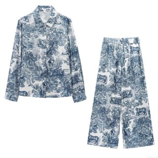 Women's French Retro Toile de Jouy Animal Print Two Piece Set Long Sleeve Button Down Shirt And High Waist Wide Leg Pants For Resort Travel Casual Daily Wear