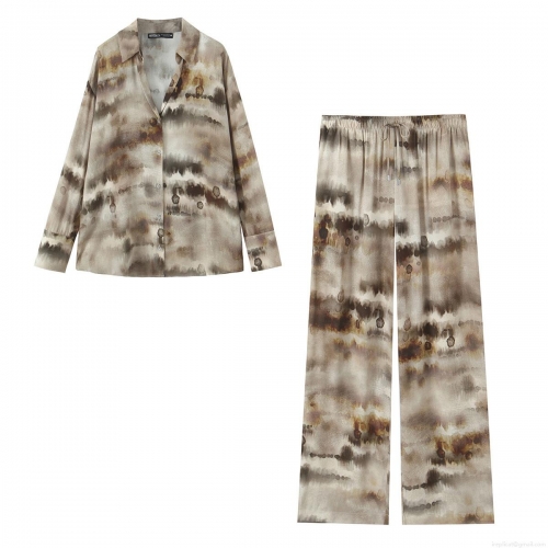 Women's Ink Marble Print 2 Piece Sets Chiffon Feel Long Sleeve Button Up Shirt And Elastic Waist Wide Leg Pants Casual Streetwear Outfits For Women