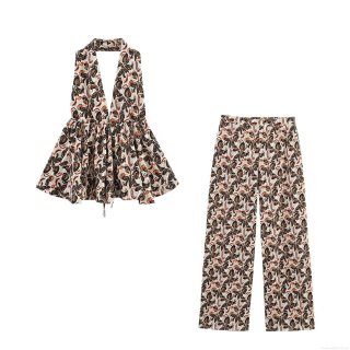 Women's Two Piece Outfits Halter Deep V Neck Sleeveless Top And Wide Leg Pants Set Bohemian Floral Print Casual Vacation Streetwear Polyester Outfits
