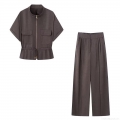 Women 2 Piece Outfits Casual Loose Stand Collar Short Sleeve Zipper Top And High Waist Wide Leg Long Pants Set Solid Color Streetwear