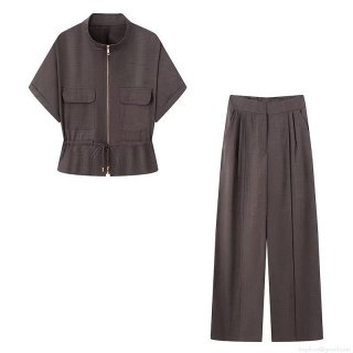 Women 2 Piece Outfits Casual Loose Stand Collar Short Sleeve Zipper Top And High Waist Wide Leg Long Pants Set Solid Color Streetwear
