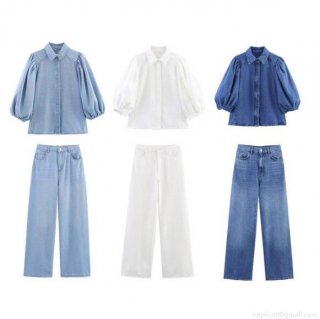 Women's Fashion Denim Shirt Puff Sleeve Blouse and High Waist Wide Leg Pants Two Piece Set Casual Streetwear Outfits Cotton Blend Denim