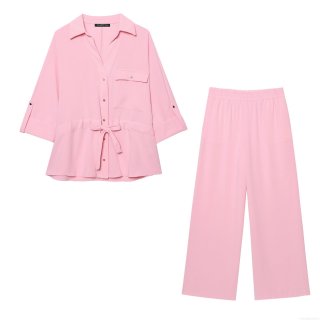 Women's 2 Piece Lounge Set Solid Color Lapel Button Down Shirt and High Waist Elastic Wide Leg Pants Streetwear Outfits for Women