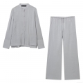 Women's Elegant Satin Two Piece Set Long Sleeve Stand Collar Shirt and Drawstring Wide Leg Pants Solid Color Modal Blend Outfits Streetwear Lady