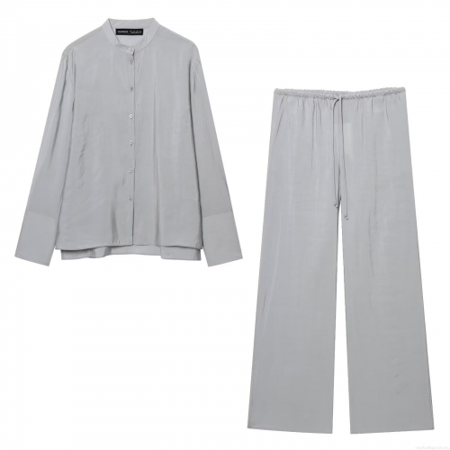 Women's Elegant Satin Two Piece Set Long Sleeve Stand Collar Shirt and Drawstring Wide Leg Pants Solid Color Modal Blend Outfits Streetwear Lady