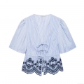 Women's Striped Embroidery Two Piece Set Polyester Tie Front Puff Sleeve Top and Wide Leg Pants Summer Casual Beach Vacation Outfits