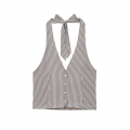 Women's Striped Halter Neck Crop Top And Wide Leg Pants Set 2 Piece Summer Outfits Sexy Backless V Neck Button Down Vest Straight Trousers Casual Beach Vacation Polyester Cotton Blend Clothing