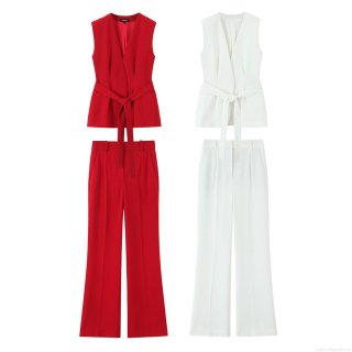 Women's 2 Piece Pants Set Sleeveless V-Neck Waist Tie Vest And High Waist Flare Pants Polyester Solid Color Casual Office Streetwear Suit