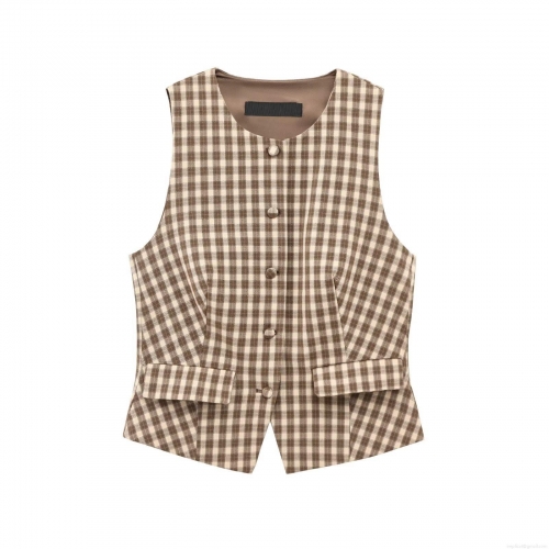 Women Retro Brown Plaid 2 Piece Set Sleeveless Slim Fit V Neck Vest And Pleated Mini Skirt Pants Cotton Blend Casual Streetwear Outfit For Women