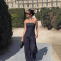 Women European Style Denim Tube Top And High Waist Wide Leg Pants Two-Piece Set Streetwear Solid Black Casual Outfit For Women