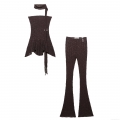 Women's Sexy Lace Two Piece Outfits Sleeveless Irregular Hem Tube Top And Matching High Waist Flare Pants Set Coffee Brown Streetwear Outfits For Party Clubwear