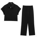 Women's Minimalist Black Short Sleeve Zipper Up Lapel Jacket And High Waist Straight Leg Pants Two Piece Set Streetwear Casual Suit For Women