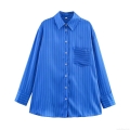 Women Fashion Blue Vertical Striped Two Piece Set Loose Long Sleeve Satin Button Shirt and Wide Leg Drawstring Pants Casual Streetwear Outfits for Women