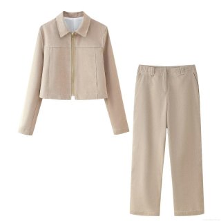 Women's 2 Piece Outfits Herringbone Long Sleeve Lapel Zip Crop Jacket And High Waist Wide Leg Pants Set Khaki Casual Streetwear Suits