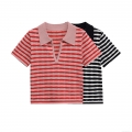 Women Stripe Knitted Polo Short Sleeve Top and Flare Pants Two Piece Set Casual Streetwear Ribbed Cotton Blend Outfits High Waist Trousers
