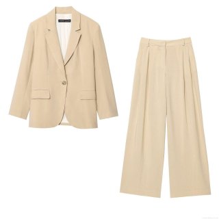 Women's Casual Cotton Linen Blend Suit Set Single Breasted Long Sleeve Blazer And High Waist Wide Leg Trousers Two Piece Commuter Outfit