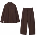 Women's Solid Color Poplin Long Sleeve Shirt And Wide Leg Pants Set Loose Casual Button Up Blouse With Drawstring Trousers Two Piece Outfits For Streetwear Daily Wear
