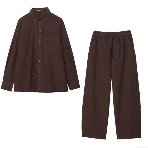 Women's Solid Color Poplin Long Sleeve Shirt And Wide Leg Pants Set Loose Casual Button Up Blouse With Drawstring Trousers Two Piece Outfits For Streetwear Daily Wear