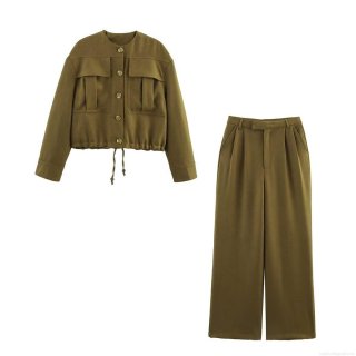 Women's Two Piece Outfits Workwear Style Crop Jacket and High Waist Wide Leg Pants Set 100% Polyester Solid Color Streetwear Casual Suit for Women