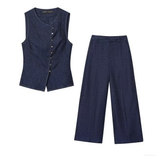 Women's Casual Dark Blue Denim Texture Vest and Wide Leg Pants Set Single Breasted V Neck Sleeveless Waistcoat and Loose Trousers Two Piece Outfits for Streetwear Summer Spring Lady
