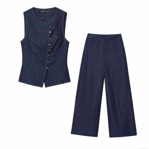 Women's Casual Dark Blue Denim Texture Vest and Wide Leg Pants Set Single Breasted V Neck Sleeveless Waistcoat and Loose Trousers Two Piece Outfits for Streetwear Summer Spring Lady