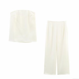 Women's Sexy Strapless Tube Top And High Waist Wide Leg Pants Two Piece Set Elegant Satin Polyester Outfits For Party Streetwear Clubwear