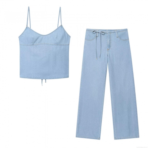 Women's Light Blue Washed Denim Pants Set Sexy Bow Lace-up Crop Cami Top and Wide Leg Long Pants 2 Piece Outfits Casual Summer Streetwear for Women