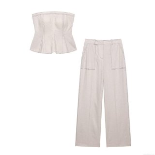 Women Contrast Stitching Linen Blend Two Piece Set Sleeveless Peplum Tube Top And High Waist Wide Leg Pants Street Casual Outfits For Women