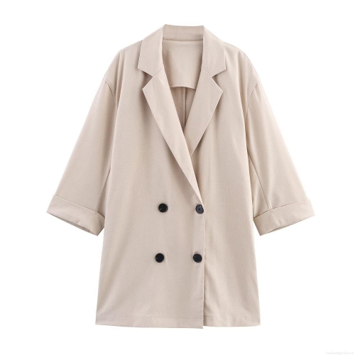 Women's Double Breasted Blazer And Wide Leg Pants Set Solid Color Linen-Look Polyester Blend 2 Piece Outfits For Office Streetwear Casual Suits