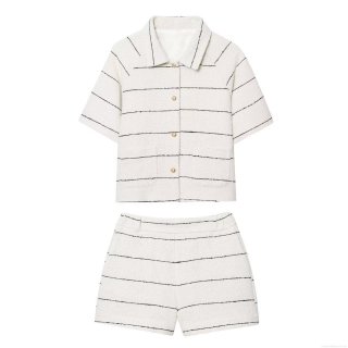 Women's Two Piece Set Elegant Striped Tweed Short Sleeve Blazer Jacket and Shorts Set With Gold Buttons Elegant Office Lady Outfit White Black Suit