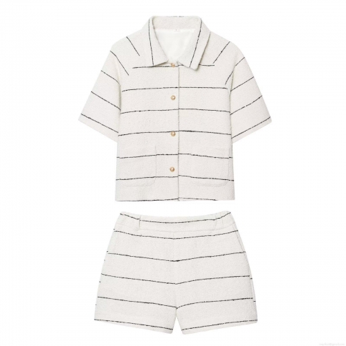 Women's Two Piece Set Elegant Striped Tweed Short Sleeve Blazer Jacket and Shorts Set With Gold Buttons Elegant Office Lady Outfit White Black Suit