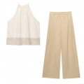 Women's Two Piece Set Lace Hem Halter Sleeveless Top And High Waist Pleated Wide Leg Pants Polyester Linen Blend Casual Summer Vacation Beach Holiday Outfit