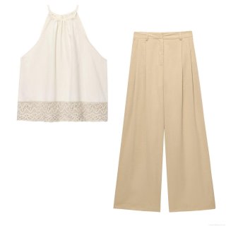 Women's Two Piece Set Lace Hem Halter Sleeveless Top And High Waist Pleated Wide Leg Pants Polyester Linen Blend Casual Summer Vacation Beach Holiday Outfit