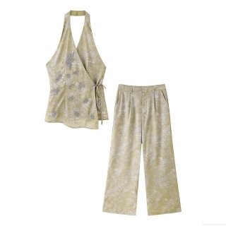 Women's Halter Wrap Top And Wide Leg Pants Two-Piece Set Elegant Leaf Print Beaded Floral Embroidery Polyester Satin Vacation Party Casual Outfit