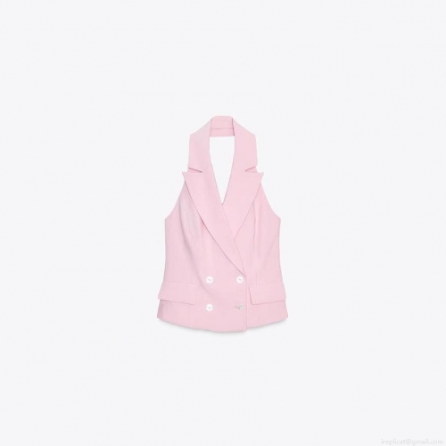 Women's 2 Piece Set Pink Halter Neck Double Breasted Vest Waistcoat and Pleated Wide Leg Trousers Polyester Twill Elegant Office Suits