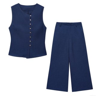 Women's Two Piece Set Linen Like Polyester Sleeveless Double Breasted Vest and High Waist Wide Leg Pants Casual Summer Office Outfit Streetwear
