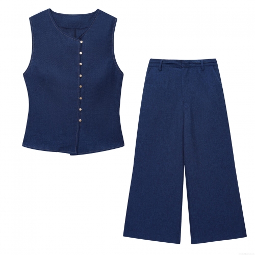 Women's Two Piece Set Linen Like Polyester Sleeveless Double Breasted Vest and High Waist Wide Leg Pants Casual Summer Office Outfit Streetwear