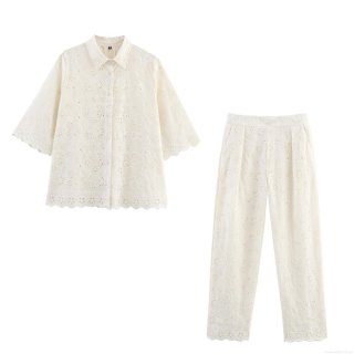 Women's Two Piece Set Embroidered Hollow Out Short Sleeve Shirt And High Waist Straight Leg Pants White Cotton Blend Lace Blouse Casual Streetwear Retro Outfit